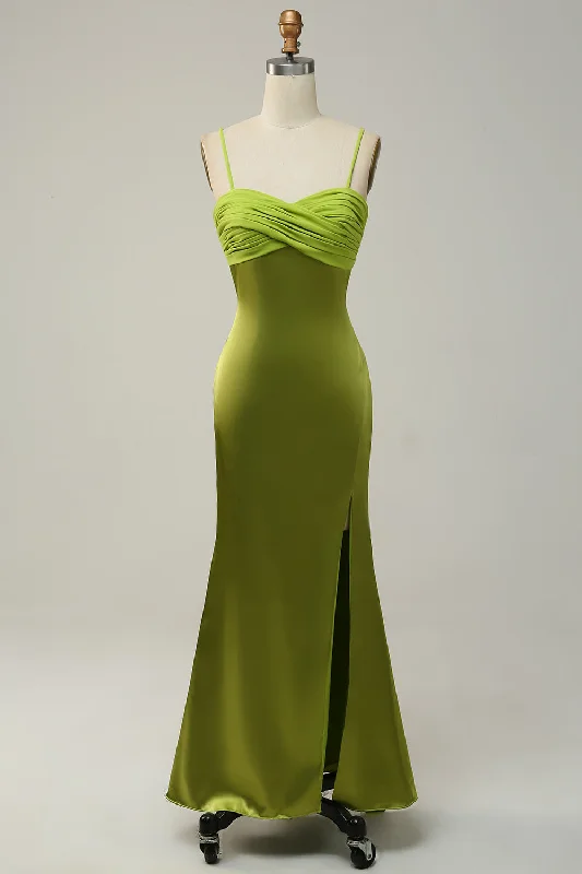 Bow - backed wedding guest dresses in silk for a luxurious feelSheath Spaghetti Straps Lemon Green Bridesmaid Dress with Silt Bow - backed wedding guest dresses in silk for a luxurious feelSheath Spaghetti Straps Lemon Green Bridesmaid Dress with Silt