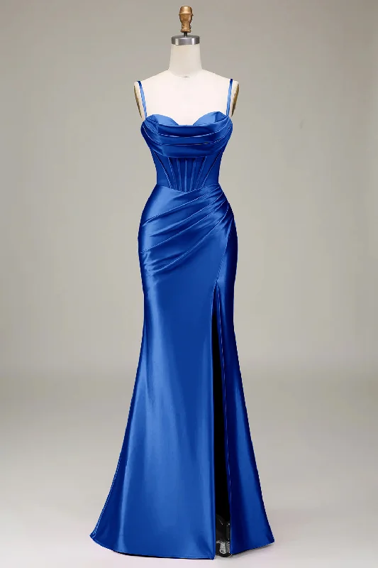 Mini cocktail dresses with a glittery finish for a party - ready styleSimple Mermaid Spaghetti Straps Royal Blue Corset Prom Dress with Split Front Mini cocktail dresses with a glittery finish for a party - ready styleSimple Mermaid Spaghetti Straps Royal Blue Corset Prom Dress with Split Front