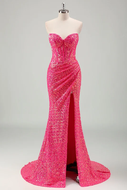 Cocktail dresses with a wrap - around style and a belted waistSparkly Fuchsia Mermaid Strapless Corset Sequins Long Prom Dress with Slit Cocktail dresses with a wrap - around style and a belted waistSparkly Fuchsia Mermaid Strapless Corset Sequins Long Prom Dress with Slit