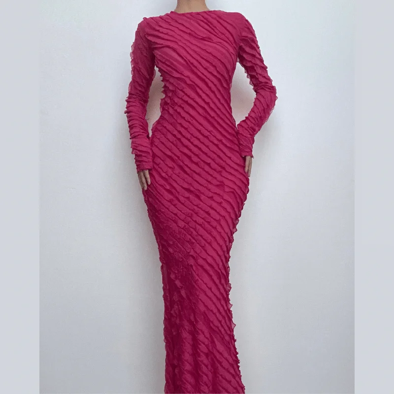 Cocktail dresses with a gathered skirt and a button - down frontBerryBetty - Textured long sleeve crewneck ruffle solid maxi dress Cocktail dresses with a gathered skirt and a button - down frontBerryBetty - Textured long sleeve crewneck ruffle solid maxi dress