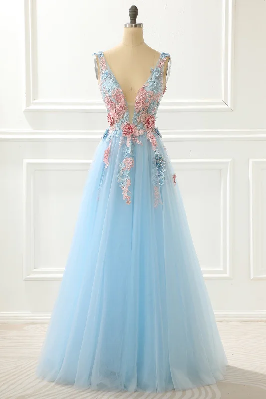Plus - size party dresses with a flattering cut for all body typesA-Line Blue Princess Prom Dress With Appliques Plus - size party dresses with a flattering cut for all body typesA-Line Blue Princess Prom Dress With Appliques