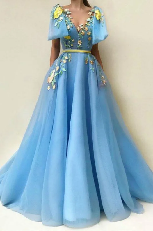 Midi - length party dresses for a modest and fashionable choiceA Line Blue Tulle Floor-length Embroidery Prom Dresses With Pockets PG985 Midi - length party dresses for a modest and fashionable choiceA Line Blue Tulle Floor-length Embroidery Prom Dresses With Pockets PG985