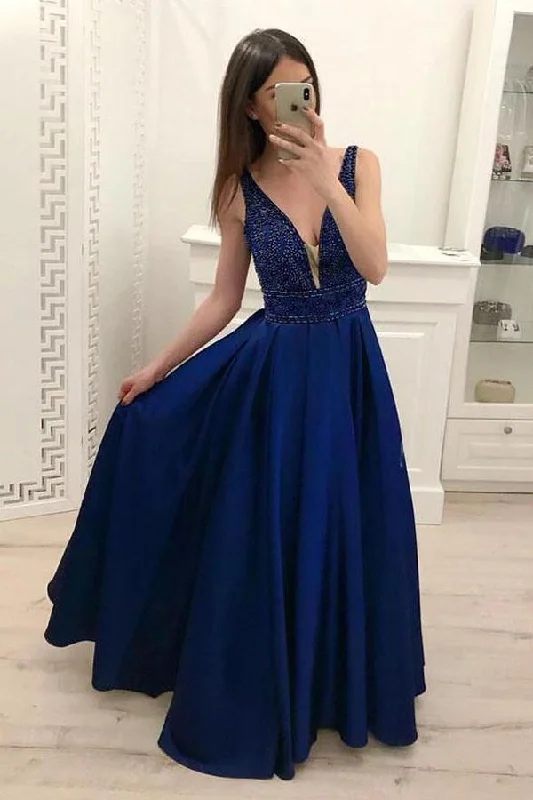 Party dresses with a satin - lined interior for added comfortA-line Dark Blue V Neck Satin Prom Dresses Evening Dresses Withi Beading PM237 Party dresses with a satin - lined interior for added comfortA-line Dark Blue V Neck Satin Prom Dresses Evening Dresses Withi Beading PM237