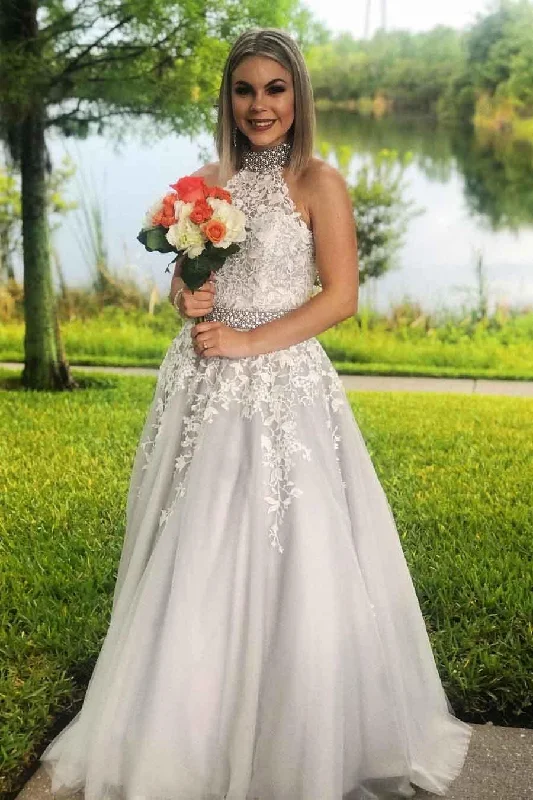 Party dresses with a denim material for a casual yet stylish lookA-line High Neck Halter Lace Appliques Long Prom Dress with Beading PM242 Party dresses with a denim material for a casual yet stylish lookA-line High Neck Halter Lace Appliques Long Prom Dress with Beading PM242