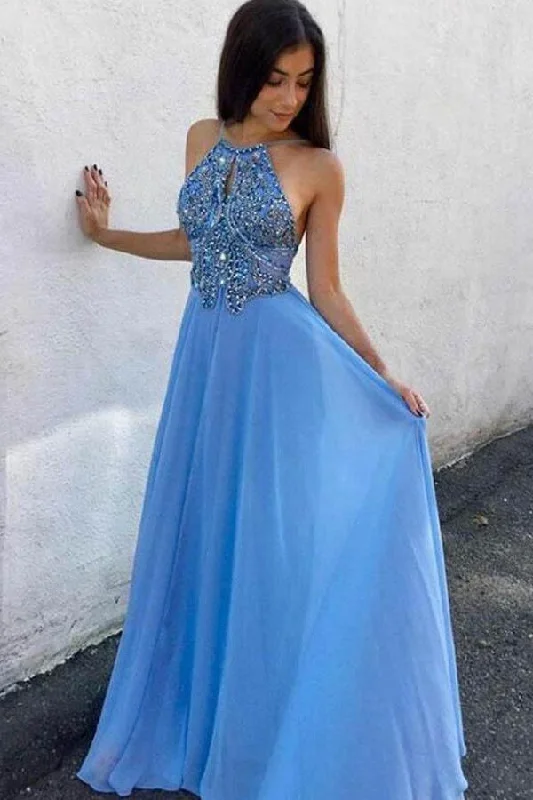 Fairy - themed party dresses with wings and glitter for a magical lookA-Line Jewel Sweep Train Blue Chiffon Keyhole Backless Beaded Prom Dress PM210 Fairy - themed party dresses with wings and glitter for a magical lookA-Line Jewel Sweep Train Blue Chiffon Keyhole Backless Beaded Prom Dress PM210