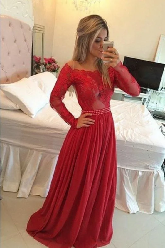 Party dresses with a detachable train for added versatilityA-line Long Illusion Sleeves Beading Prom Dress Red Chiffon Evening Dress PM205 Party dresses with a detachable train for added versatilityA-line Long Illusion Sleeves Beading Prom Dress Red Chiffon Evening Dress PM205