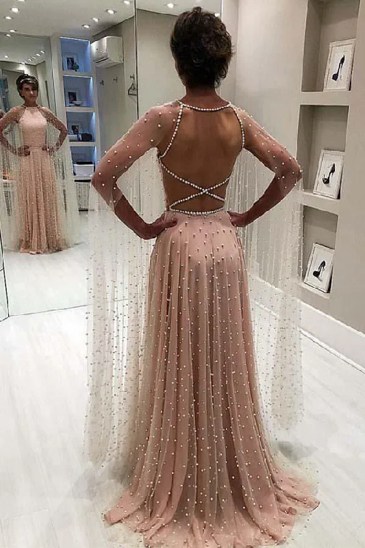Short - length party dresses with a ruffled skirt for a flirty look​A-line  Long Sleeves Sweep Train Criss Cross Back Pink Prom Evening Dress  PG998