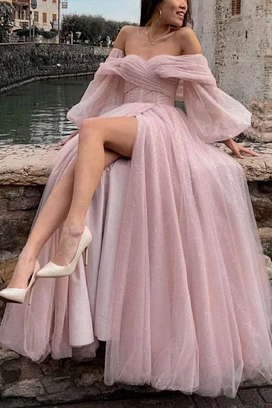Party dresses with a leatherette material for a tough and stylish appearanceA-Line Off The Shoulder Light Pink Tulle Long Prom Dress Party dresses with a leatherette material for a tough and stylish appearanceA-Line Off The Shoulder Light Pink Tulle Long Prom Dress