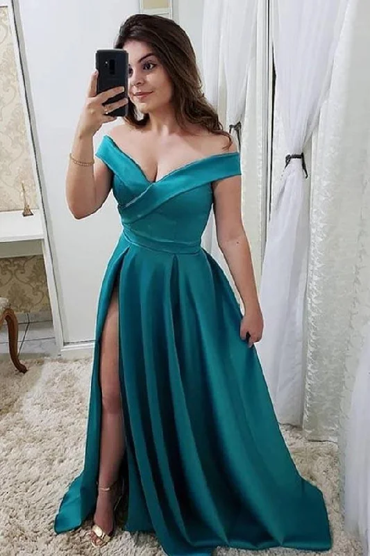 Sleeveless party dresses made of silk for a luxurious feelA-line Off The Shoulder Satin Green Split Prom/Evening Dresses PM235 Sleeveless party dresses made of silk for a luxurious feelA-line Off The Shoulder Satin Green Split Prom/Evening Dresses PM235