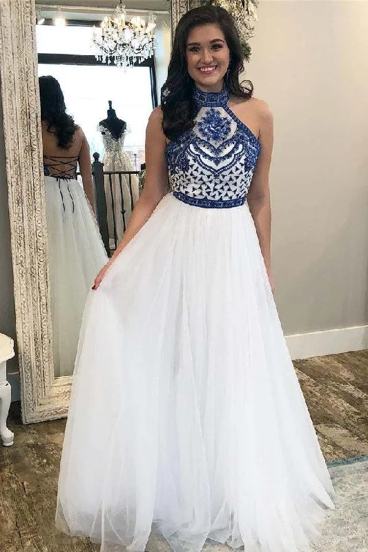 Party dresses with a sheer panel for a hint of allureA Line Off White Halter Prom Dresses Long Formal Party Dress PG970 Party dresses with a sheer panel for a hint of allureA Line Off White Halter Prom Dresses Long Formal Party Dress PG970
