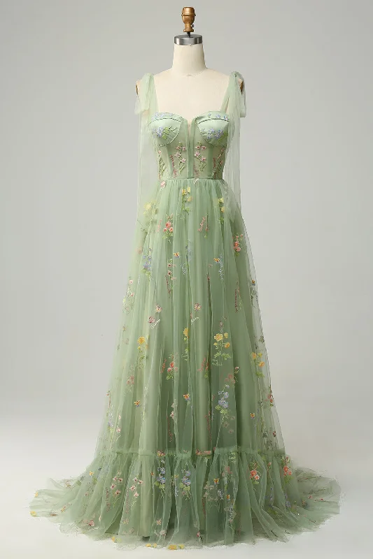 Party dresses with a lace overlay for a feminine touchA-Line Spaghetti Straps Green Long Prom Dress with Embroidery Party dresses with a lace overlay for a feminine touchA-Line Spaghetti Straps Green Long Prom Dress with Embroidery