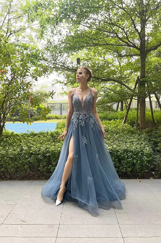 Party dresses with a V - neck design to enhance the necklineA-Line Spaghetti Straps Grey Blue Lace-Up Back Long Prom Dress with Appliques Party dresses with a V - neck design to enhance the necklineA-Line Spaghetti Straps Grey Blue Lace-Up Back Long Prom Dress with Appliques