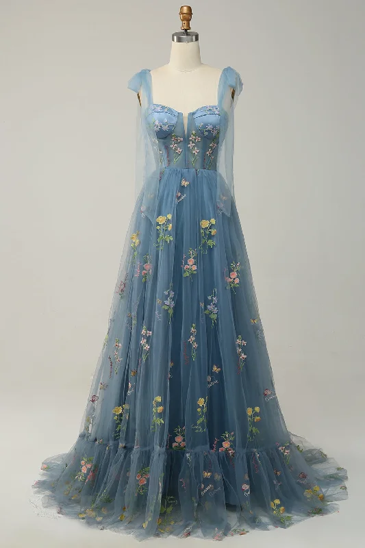 Party dresses with a metallic finish for a shiny and eye - catching effect​A-Line Spaghetti Straps Grey Blue Long Prom Dress with Embroidery