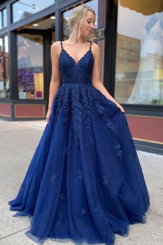 Party dresses with a criss - cross back design for a stylish detail​A-Line Spaghetti Straps Navy Long Prom Dress with Appliques
