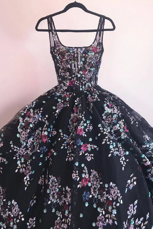 Satin party dresses with a smooth and lustrous finishBlack A-Line Square Neck Pleated Long Prom Dress with Appliques Satin party dresses with a smooth and lustrous finishBlack A-Line Square Neck Pleated Long Prom Dress with Appliques