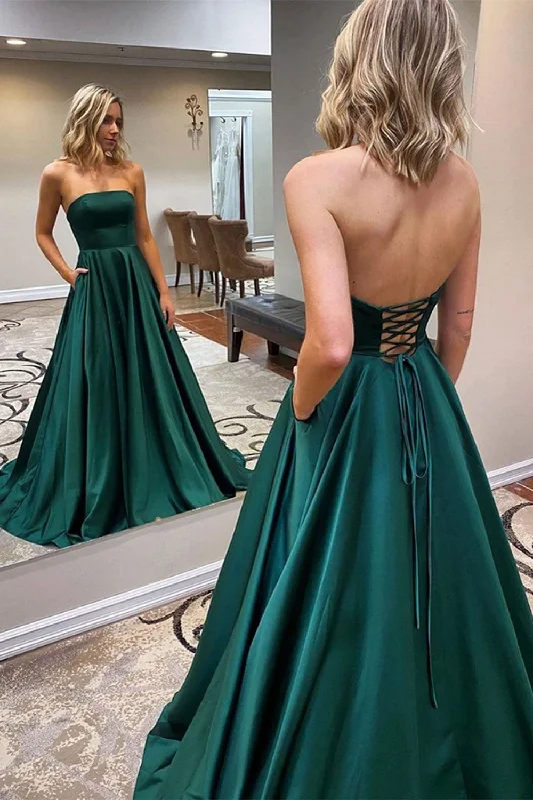 Tulle party dresses with a fairy - tale charm for formal occasionsA-Line Strapless Satin Dark Green Long Prom Dress Tulle party dresses with a fairy - tale charm for formal occasionsA-Line Strapless Satin Dark Green Long Prom Dress