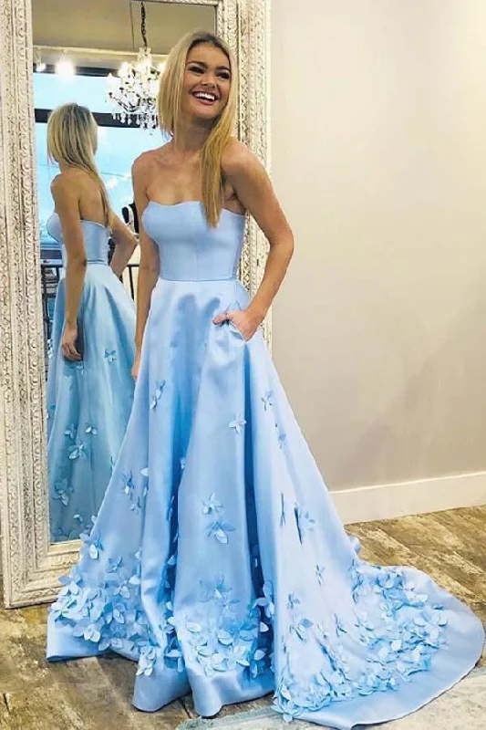 Party dresses with a peplum waist for a feminine and flattering silhouetteA-Line Sweetheart Sky Blue 3D Floral Applique Long Prom Dresses With Pocket PG988 Party dresses with a peplum waist for a feminine and flattering silhouetteA-Line Sweetheart Sky Blue 3D Floral Applique Long Prom Dresses With Pocket PG988