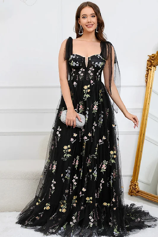 Midi - length party dresses for a modest and fashionable choiceA-Line Tulle Spaghetti Straps Black Long Prom Dress with Embroidery Midi - length party dresses for a modest and fashionable choiceA-Line Tulle Spaghetti Straps Black Long Prom Dress with Embroidery