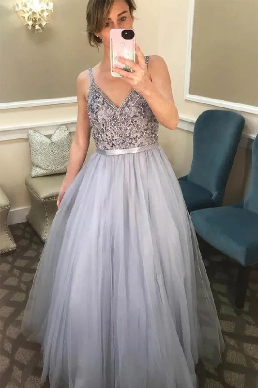 Beach party dresses made of lightweight and breathable fabricA-line V-Neck Beading Floor Length Grey Prom/Formal Dress PG995 Beach party dresses made of lightweight and breathable fabricA-line V-Neck Beading Floor Length Grey Prom/Formal Dress PG995