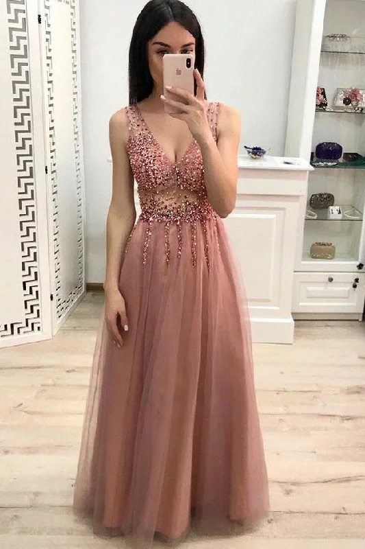 Party dresses with a V - neck design to enhance the necklineA Line V Neck Beading Pink Prom Dresses Long Tulle Prom Dress PM201 Party dresses with a V - neck design to enhance the necklineA Line V Neck Beading Pink Prom Dresses Long Tulle Prom Dress PM201