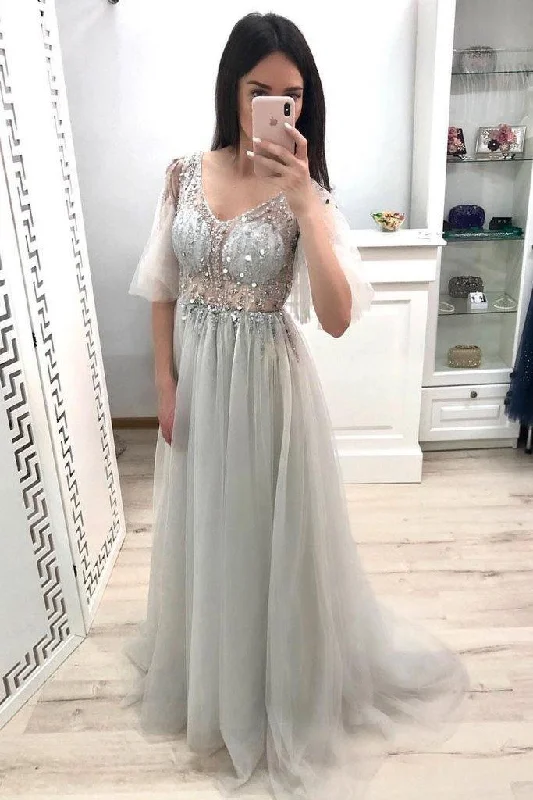 Sleeveless party dresses made of silk for a luxurious feelA Line V Neck Short Sleeves Grey Prom Dresses Long Tulle Prom Gown PM202 Sleeveless party dresses made of silk for a luxurious feelA Line V Neck Short Sleeves Grey Prom Dresses Long Tulle Prom Gown PM202