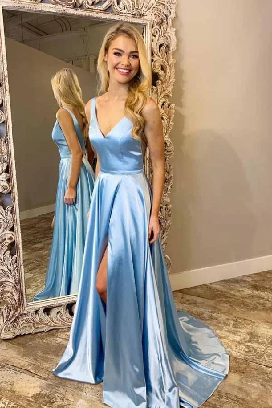 Party dresses with a pom - pom trim for a fun and festive touchA-Line V-Neck Sweep Train Light Blue Prom Dress with Split PM207 Party dresses with a pom - pom trim for a fun and festive touchA-Line V-Neck Sweep Train Light Blue Prom Dress with Split PM207
