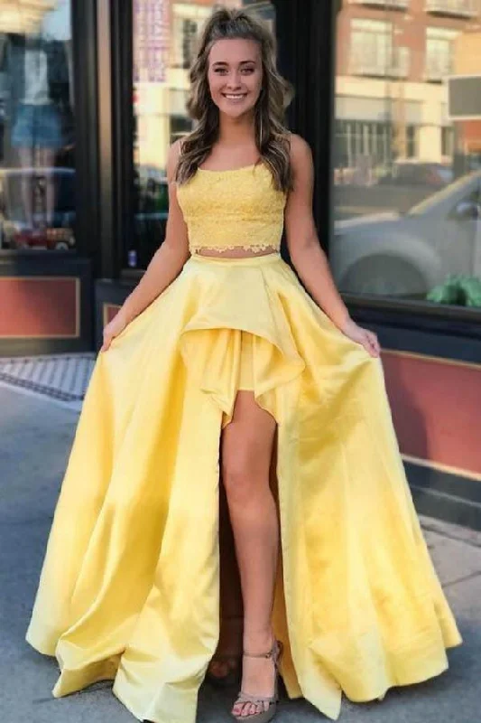 Party dresses with a lace overlay for a feminine touchA-Line Yellow Satin Lace Straps Two Piece Prom Dress With Split PM230 Party dresses with a lace overlay for a feminine touchA-Line Yellow Satin Lace Straps Two Piece Prom Dress With Split PM230