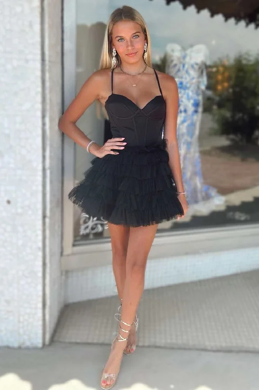 Velvet party dresses in rich jewel tones for a sophisticated appearanceBlack A-Line Spaghetti Straps Corset Tiered Tulle Short Prom Dress Velvet party dresses in rich jewel tones for a sophisticated appearanceBlack A-Line Spaghetti Straps Corset Tiered Tulle Short Prom Dress