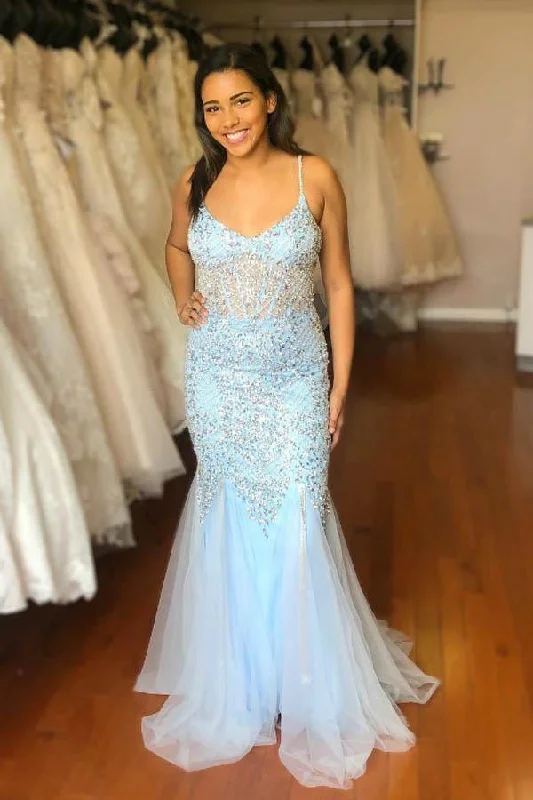 Party dresses with a mermaid silhouette for a figure - hugging fitBlue Mermaid Tulle Spaghetti Straps Sequins Prom/Formal Dress PG999 Party dresses with a mermaid silhouette for a figure - hugging fitBlue Mermaid Tulle Spaghetti Straps Sequins Prom/Formal Dress PG999
