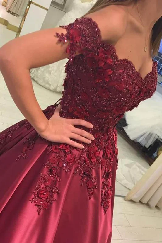 Party dresses with a one - shoulder design for a modern and unique lookBurgundy Prom Dress Satin Ball Gown Off-The-Shoulder With Applique PM226 Party dresses with a one - shoulder design for a modern and unique lookBurgundy Prom Dress Satin Ball Gown Off-The-Shoulder With Applique PM226