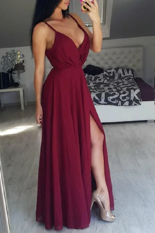 Party dresses with a bow detail for a cute and charming touchBurgundy Straps Long Chiffon Prom/Formal Dress with Side Slit PM225 Party dresses with a bow detail for a cute and charming touchBurgundy Straps Long Chiffon Prom/Formal Dress with Side Slit PM225