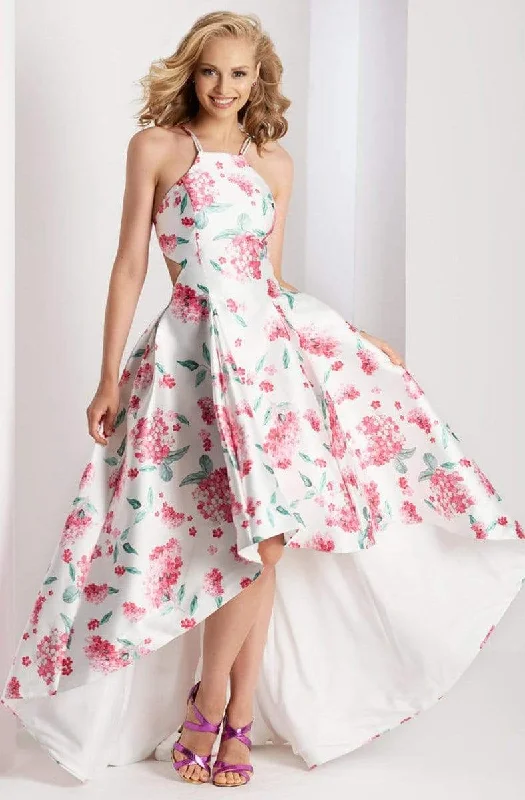 Prom dresses with geometric - cutout sleeves and flowing chiffon fabrics for a modern and airy lookClarisse Prom - 3564 Halter Floral High Low Prom Dress Prom dresses with geometric - cutout sleeves and flowing chiffon fabrics for a modern and airy lookClarisse Prom - 3564 Halter Floral High Low Prom Dress