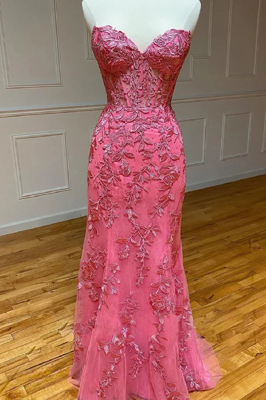 Party dresses with a handkerchief hem for a unique and flowing styleCoral Sweetheart Lace-Up Long Mermaid Prom Dress with Appliques Party dresses with a handkerchief hem for a unique and flowing styleCoral Sweetheart Lace-Up Long Mermaid Prom Dress with Appliques