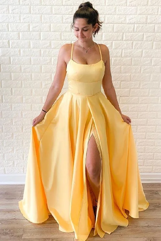 Party dresses with a leatherette material for a tough and stylish appearanceCriss Cross A-Line Straps Satin Yellow Long Prom Dress with Slit PM238 Party dresses with a leatherette material for a tough and stylish appearanceCriss Cross A-Line Straps Satin Yellow Long Prom Dress with Slit PM238
