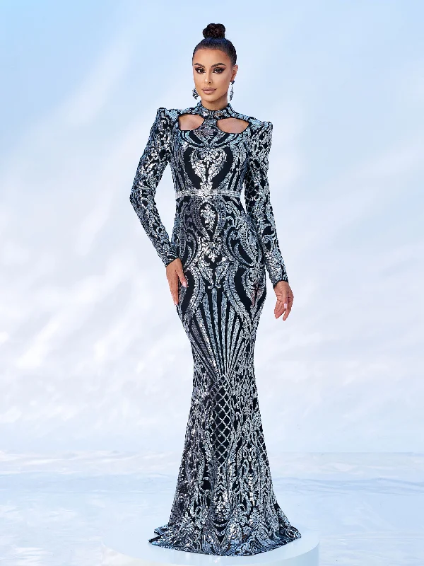 Prom dresses with one - shoulder ruffled straps and geometric patterns for a contemporary and eye - catching formal eventCutout Sequin Long Sleeve Prom Dress RJ11982 Prom dresses with one - shoulder ruffled straps and geometric patterns for a contemporary and eye - catching formal eventCutout Sequin Long Sleeve Prom Dress RJ11982