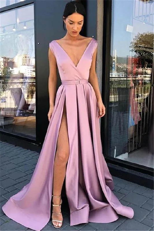 Party dresses with a jacquard pattern for a rich and detailed lookDeep-V-Neck A-Line Prom Dresses Pink Split Evening Gown PM208 Party dresses with a jacquard pattern for a rich and detailed lookDeep-V-Neck A-Line Prom Dresses Pink Split Evening Gown PM208