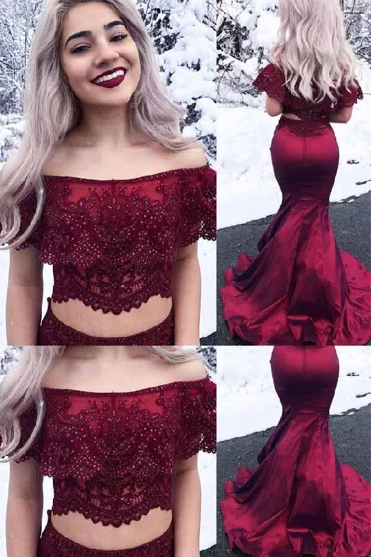 Midi - length party dresses for a modest and fashionable choiceEleagnt Two Piece Off the Shoulder Mermaid Burgundy Long Prom Dress PM240 Midi - length party dresses for a modest and fashionable choiceEleagnt Two Piece Off the Shoulder Mermaid Burgundy Long Prom Dress PM240