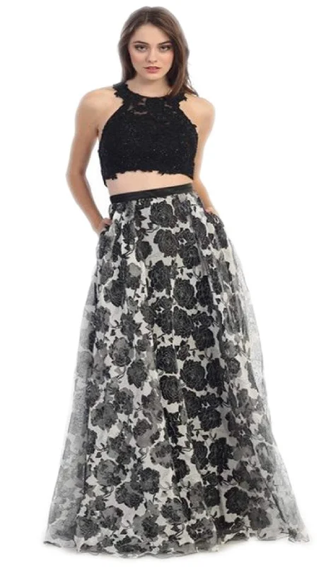 Prom dresses with illusion necklines and crystal embellishments for a formal affairEureka Fashion - Two Piece Floral Evening Gown Prom dresses with illusion necklines and crystal embellishments for a formal affairEureka Fashion - Two Piece Floral Evening Gown