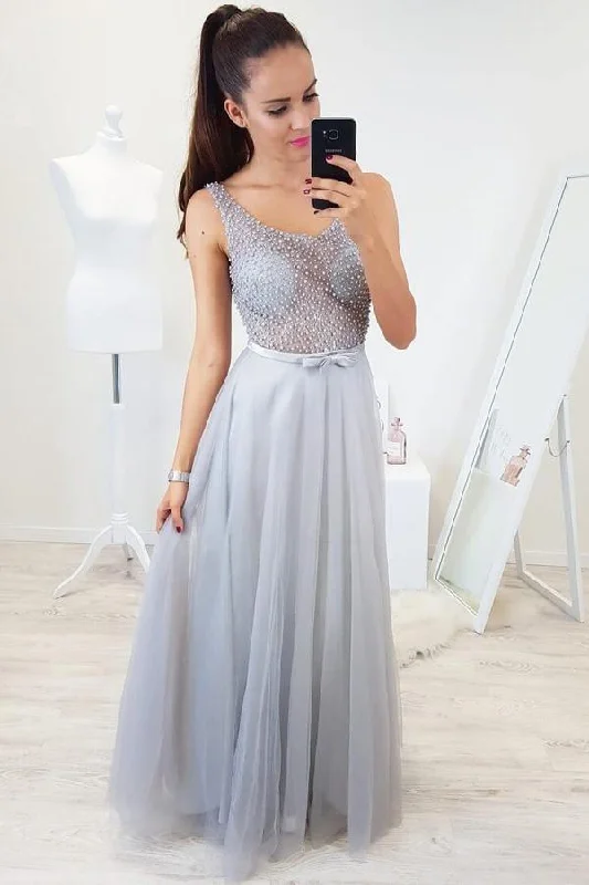 Party dresses with a cut - out design for a daring and edgy styleFloor Length Sleeveless Beading Tulle Prom Dresses Long Senior Prom Gown PM222 Party dresses with a cut - out design for a daring and edgy styleFloor Length Sleeveless Beading Tulle Prom Dresses Long Senior Prom Gown PM222