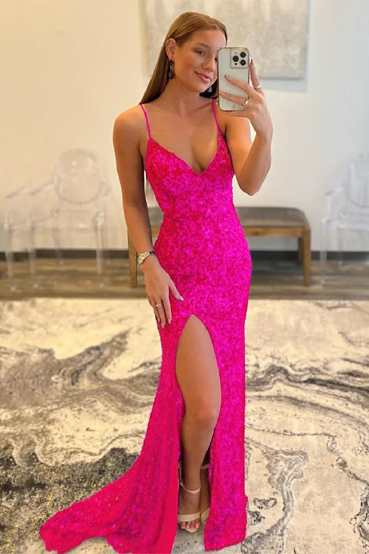 Party dresses with a sheer panel for a hint of allureFuchsia Sequin Mermaid Long Prom Dress Party dresses with a sheer panel for a hint of allureFuchsia Sequin Mermaid Long Prom Dress