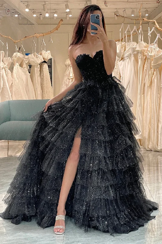 Empire - waist party dresses to accentuate the waistlineGlitter Black Long Corset Tiered Prom Dress With Slit Empire - waist party dresses to accentuate the waistlineGlitter Black Long Corset Tiered Prom Dress With Slit