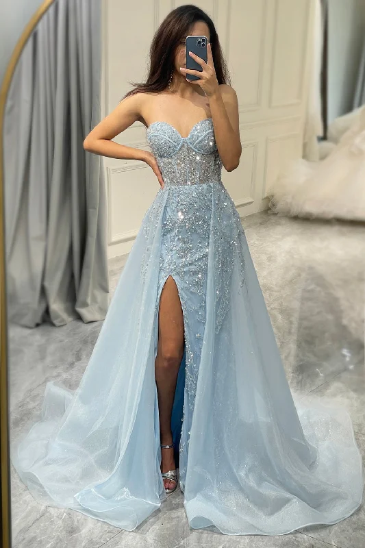 Party dresses with a one - shoulder design for a modern and unique lookGlitter Light Blue Long Corset Prom Dress With Slit Party dresses with a one - shoulder design for a modern and unique lookGlitter Light Blue Long Corset Prom Dress With Slit