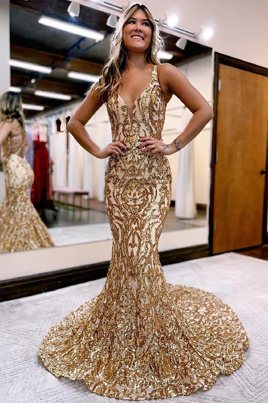Gothic - style party dresses for a dark and mysterious lookGolden Sequin Sparkly Mermaid Prom Dress Gothic - style party dresses for a dark and mysterious lookGolden Sequin Sparkly Mermaid Prom Dress