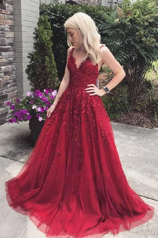 Party dresses with a polka - dot pattern for a classic and playful styleGorgeous Straps V Neck Burgundy Lace Appliques Long Prom Dress PM241 Party dresses with a polka - dot pattern for a classic and playful styleGorgeous Straps V Neck Burgundy Lace Appliques Long Prom Dress PM241