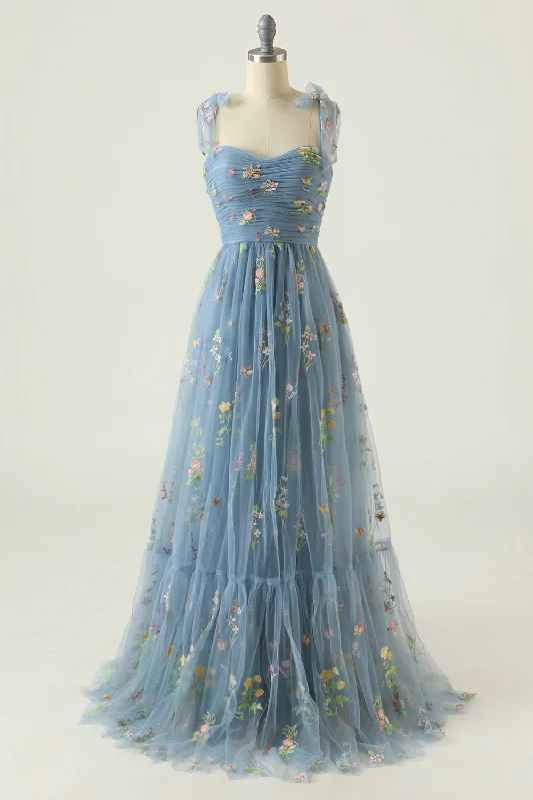 Party dresses with a tiered skirt for a fun and voluminous styleGrey Blue Embroidery Long Prom Dress Party dresses with a tiered skirt for a fun and voluminous styleGrey Blue Embroidery Long Prom Dress