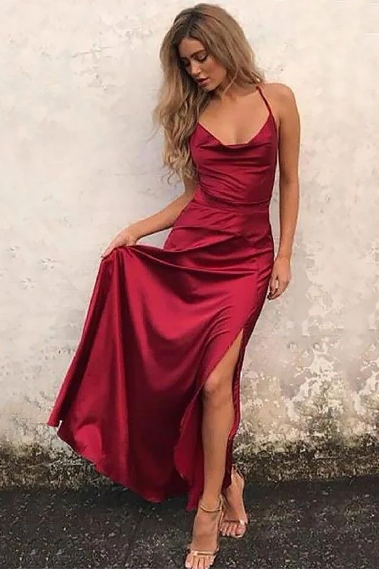 Ball gown party dresses with a full skirt for a princess - like lookHalter Satin Burgundy Long Prom Dress with Slit Ball gown party dresses with a full skirt for a princess - like lookHalter Satin Burgundy Long Prom Dress with Slit