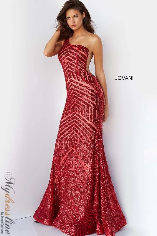 Prom dresses with cold - shoulder ruffled sleeves and floral prints for a romantic and fashionable styleJovani 06017