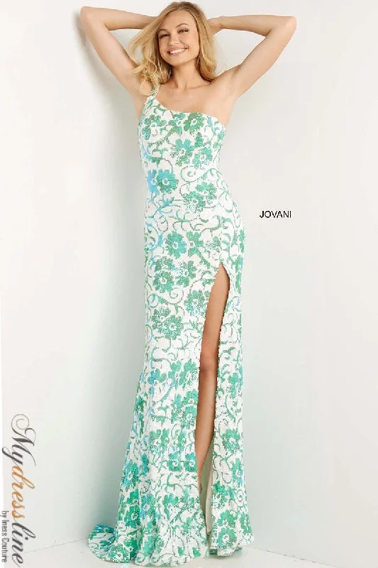 Prom dresses with one - shoulder ruffled straps and geometric patterns for a contemporary and eye - catching formal eventJovani 08256 Prom dresses with one - shoulder ruffled straps and geometric patterns for a contemporary and eye - catching formal eventJovani 08256