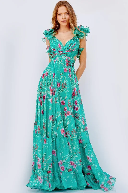 Bodycon dress with a halter neck​Jovani 23321 Long Floral Print Chiffon Prom Dress
