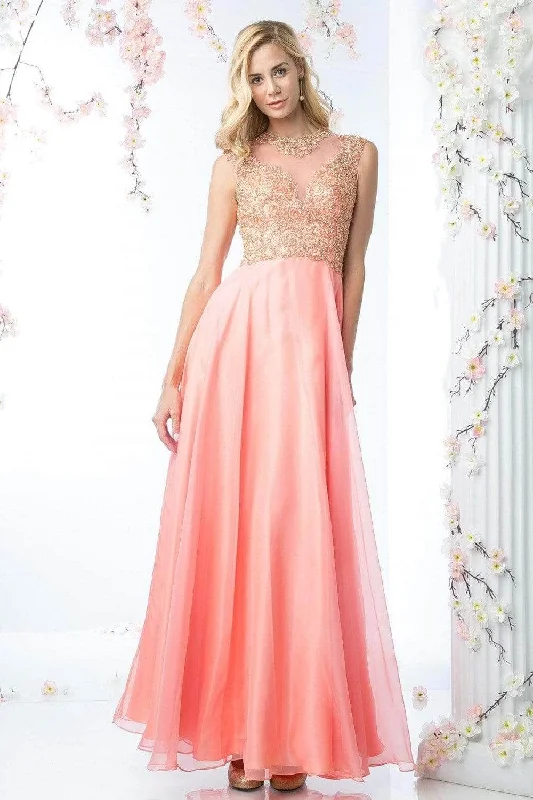 Prom dresses with metallic - colored fabrics and beaded embroidery for a glamorous promLadivine 8732 - Adorned Illusion Jewel Neck A-line Gown Prom dresses with metallic - colored fabrics and beaded embroidery for a glamorous promLadivine 8732 - Adorned Illusion Jewel Neck A-line Gown